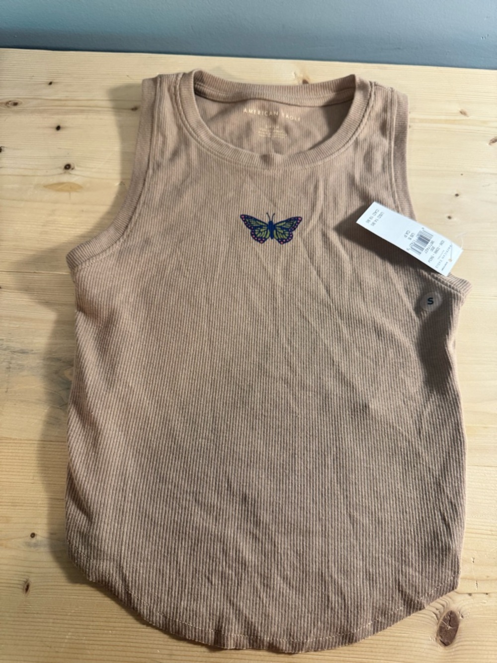 American Eagle Outfitters Ribbed Tank with Embroidered Butterfly - Beige Taupe